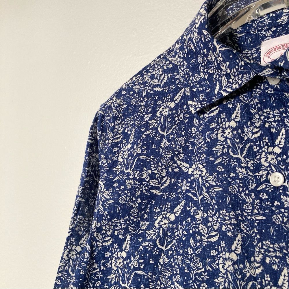 Brooks Brothers Button Up Top Linen Toile Floral Print Blue White